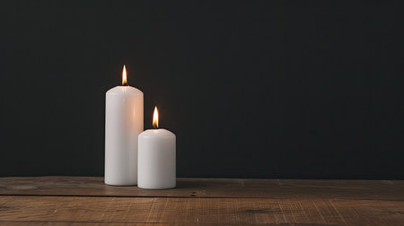 Two white pillar candles are burning on a wooden table against a black background.の素材