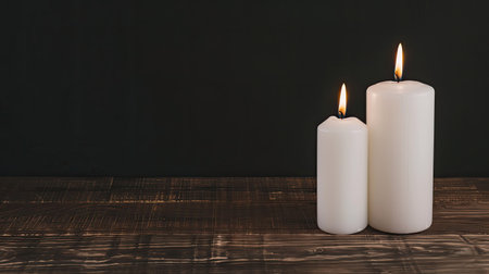 Two white pillar candles are burning on a wooden table against a black background.の素材