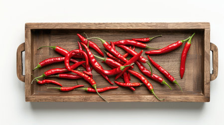 Red chili peppers arranged on a wooden cutting board with a marble background.の素材