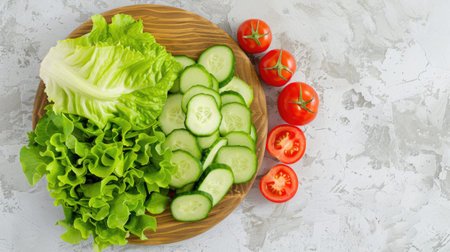 A white plate of fresh salad, featuring cucumber, tomato, and broccoli, sits on a white marble background.の素材