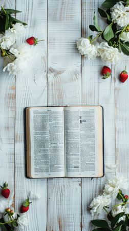 White peonies are arranged beside a book on a wooden table with a cup of coffee and strawberries.の素材