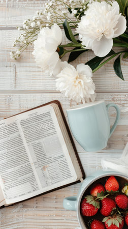 White peonies are arranged beside a book on a wooden table with a cup of coffee and strawberries.の素材