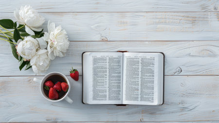 White peonies are arranged beside a book on a wooden table with a cup of coffee and strawberries.の素材