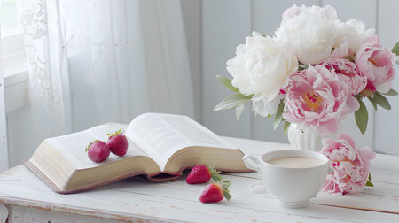 White peonies are arranged beside a book on a wooden table with a cup of coffee and strawberries.の素材
