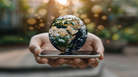 A person's hands are holding a smartphone with a digital network illustration in front of the screen. The background has a dark blue color with blurry orange and white lights.の素材