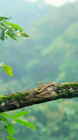 A Python snake with brown, black, and cream markings is coiled on a tree branch, its head raised in a defensive posture. The background is a blurred image of a lush green forest.の素材