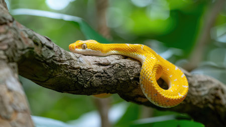 A Python snake with brown, black, and cream markings is coiled on a tree branch, its head raised in a defensive posture. The background is a blurred image of a lush green forest.の素材