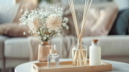 A clear glass diffuser with wooden reeds sits next to a lit candle and a vase of white roses on a wooden tray.の素材