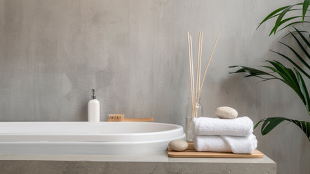 A white ceramic sink sits on a counter in a modern bathroom. Three white towels are stacked neatly on a wooden tray in front of the sink. A potted plant sits behind the towels.の素材