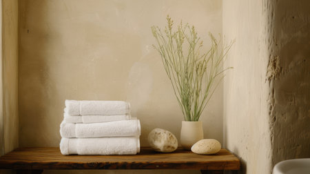 Stacked white towels with a brown towel underneath, a diffuser with wooden sticks, and smooth stones on a white surface in front of a white wall.の素材