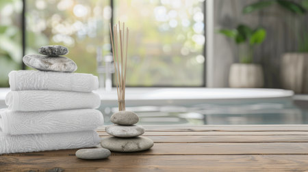 A white ceramic sink sits on a counter in a modern bathroom. Three white towels are stacked neatly on a wooden tray in front of the sink. A potted plant sits behind the towels.の素材