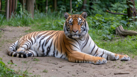 A tiger lies on a sandy patch, with its stripes clearly visible, looking directly at the camera. Its surroundings are blurry green foliage and a fence.の素材