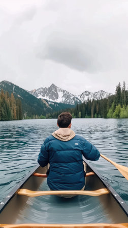 A person canoes across a still, reflective lake, with a snow-capped mountain range visible in the distance.の素材
