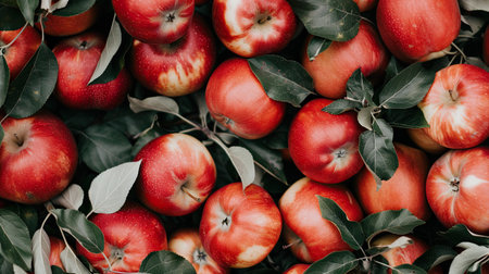 A close-up image of a group of red apples with green leaves, arranged in a tight cluster.の素材