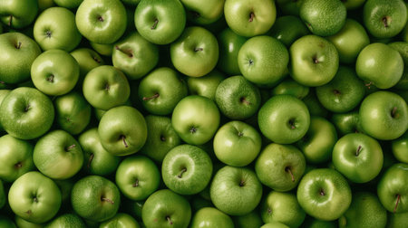 A close-up shot of numerous green apples arranged in a dense pattern, showing their smooth, glossy skin and vibrant color.の素材