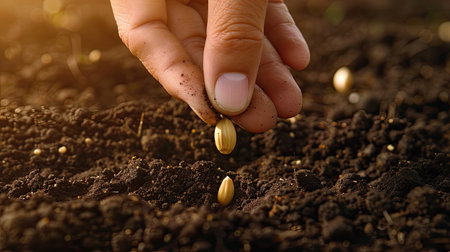 A hand carefully plants a seed in rich, dark soil, besides several other seedlings that have already sprouted with bright green leaves.の素材