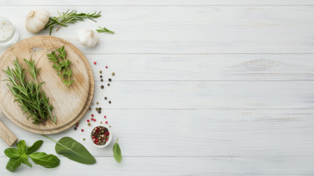 A wooden cutting board with fresh parsley, rosemary, thyme, and other herbs on a white wood surface.の素材