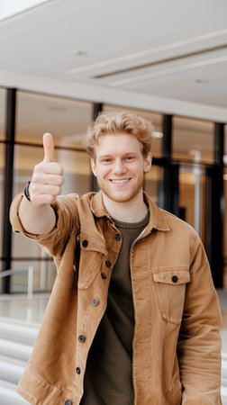 Portrait of a handsome young man showing thumbs up while standing outdoorsの素材