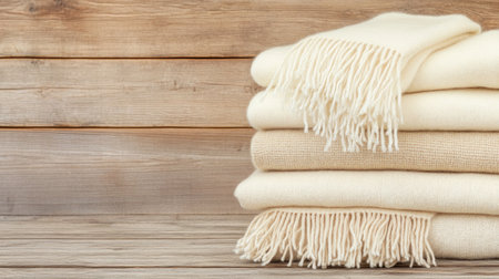 Pile of warm beige knitted plaids on wooden backgroundの素材