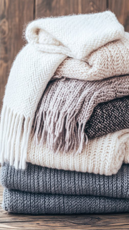 Stack of knitted winter clothes on wooden background - vintage effect style picturesの素材