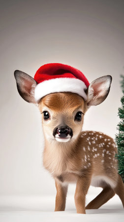 Funny little deer in Santa Claus hat. Christmas and New Year concept.の素材
