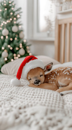 Cute little fawn in santa hat lying on bed at homeの素材