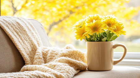 Bouquet of yellow chrysanthemums in a vase on the windowsillの素材