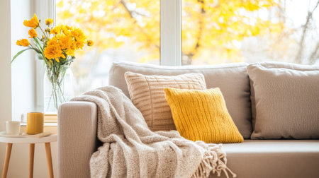 Cozy living room with sofa, pillows and autumn yellow flowersの素材