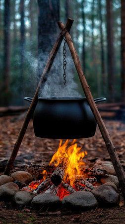 A cauldron simmers over a campfire in an autumn forest, set against a stunning mountain landscape, perfect for outdoor cooking during a vacation.の素材