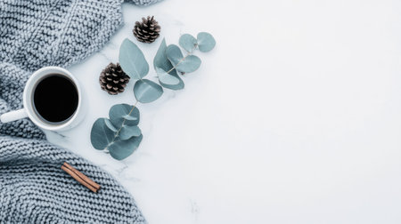 Relax with this serene flat lay showcasing a beautifully crafted coffee, accompanied by cinnamon sticks and eucalyptus leaves, all on a marble table.の素材