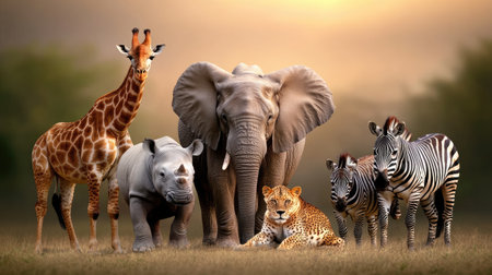 In a bright and expansive savannah, elephants and rhinos coexist alongside playful zebras, while a lion rests majestically, showcasing the rich wildlife of this enchanting habitat.の素材