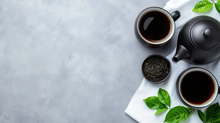 A traditional teapot sits next to tea cups and fresh green leaves on a light grey background, creating an inviting atmosphere perfect for enjoying hot loose-leaf green tea.の素材