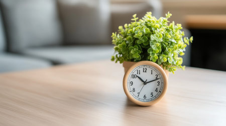 This modern living room features a stylish wooden wall clock and a vibrant green plant on a table near a warm fireplace, creating a cozy and inviting atmosphere.の素材
