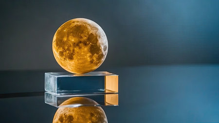 A crystal ball rests on a dark surface, with a glowing crescent moon illuminating the mystical ambiance created by swirling, ethereal mist in the background.の素材