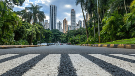 A modern urban landscape features horizontal white lines of a crosswalk on an empty asphalt road in China, showcasing a serene city square without traffic.の素材