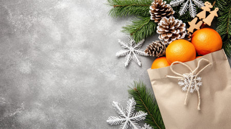 Eco-friendly bags filled with tangerine slices and surrounded by pine cones and conifer branches create a festive New Year atmosphere on a concrete table.の素材