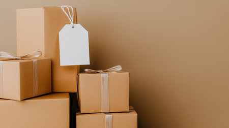 A white tag is suspended from a stack of cardboard boxes featuring a brown texture, set against a soft beige background, perfect for online store product displays.の素材