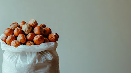 Fresh hazelnuts are presented in a clear plastic bag against a bright white background, making them an appealing option for healthy snacking or baking.の素材
