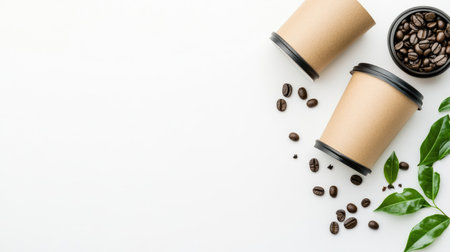 Three brown paper coffee cups are arranged with fresh green tea leaves on a white background, creating a warm and inviting atmosphere for tea lovers.の素材