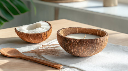 A round coconut shell carved out for candlelight sits on white linen fabric, exuding warmth and tranquility with soft lighting that enhances its textured detail.の素材