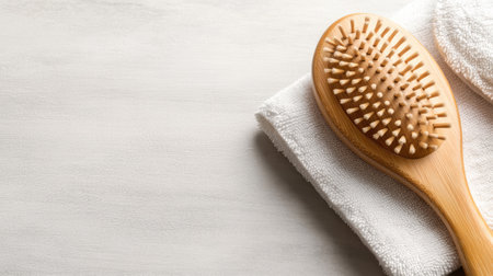 A wooden hairbrush is placed on a soft beige towel, highlighting its natural design and inviting texture, ideal for personal grooming and care.の素材