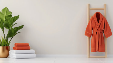 A minimalist wooden ladder displays beige towels alongside elegant vases against a clean white backdrop, creating a tranquil and inviting wellness atmosphere.の素材