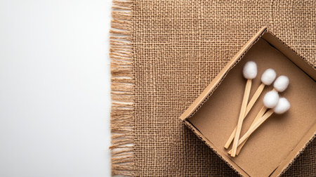 Wooden cotton swabs are neatly arranged in a kraft paper box, resting on jute fabric, illuminated by soft lighting that enhances the natural colors and fine details.の素材