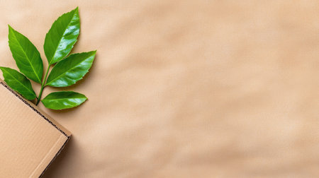A set of vibrant green leaves is placed next to a simple brown cardboard box on a soft, textured surface, creating a calm, natural aesthetic perfect for gift givingの素材
