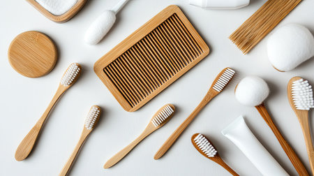 A collection of eco-friendly bamboo hair comb, toothbrush, and cotton swabs displayed on a light backdrop, highlighting sustainability and a modern, minimalistic lifestyle.の素材