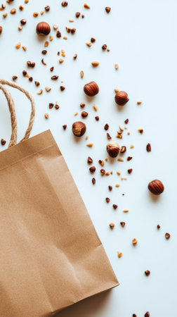 Fresh hazelnuts are presented in a clear plastic bag against a bright white background, making them an appealing option for healthy snacking or baking.の素材