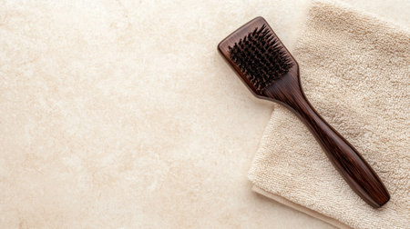 A wooden hairbrush is placed on a soft beige towel, highlighting its natural design and inviting texture, ideal for personal grooming and care.の素材