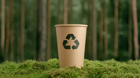 A brown paper coffee cup with a white lid and a green recycling symbol rests on moss in a vibrant forest, surrounded by soft, blurred greenery.の素材