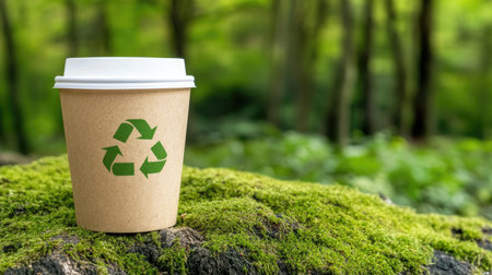 A brown paper coffee cup with a white lid and a green recycling symbol rests on moss in a vibrant forest, surrounded by soft, blurred greenery.の素材