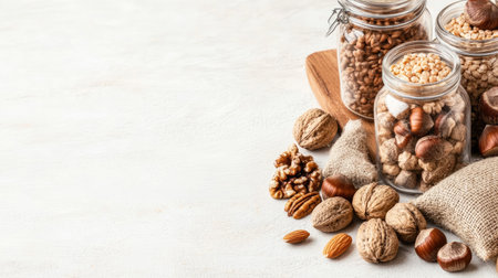 The kitchen features a wooden plate holding eco-friendly mesh bags filled with nuts, seeds, and legumes, along with glass jars of plant-based milk, reflecting a sustainable approach.の素材